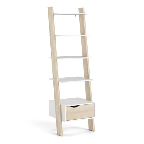 Oslo Leaning Bookcase 1 Drawer in White and Oak — front view