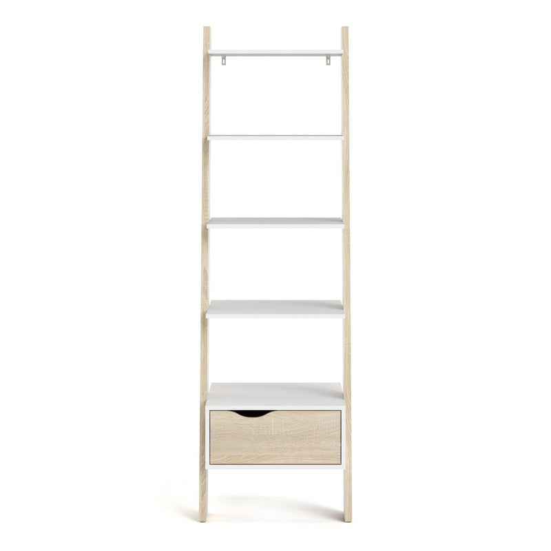 Oslo Leaning Bookcase 1 Drawer in White and Oak — side angle