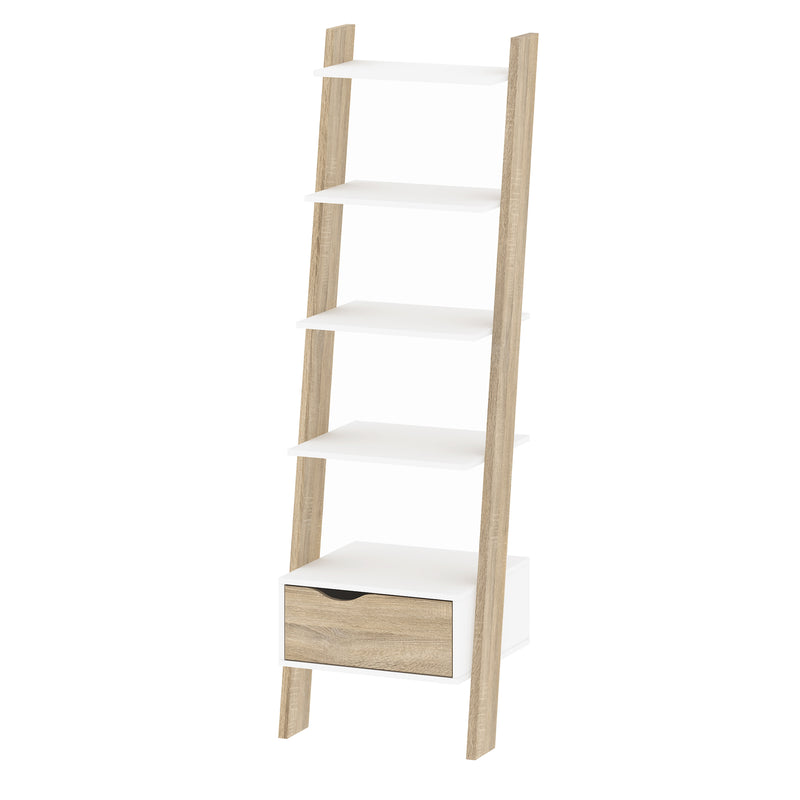 Oslo Leaning Bookcase 1 Drawer in White and Oak — detail view