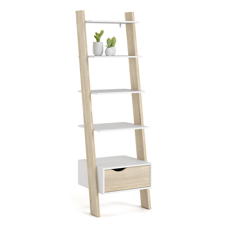 Oslo Leaning Bookcase 1 Drawer in White and Oak — alternative angle