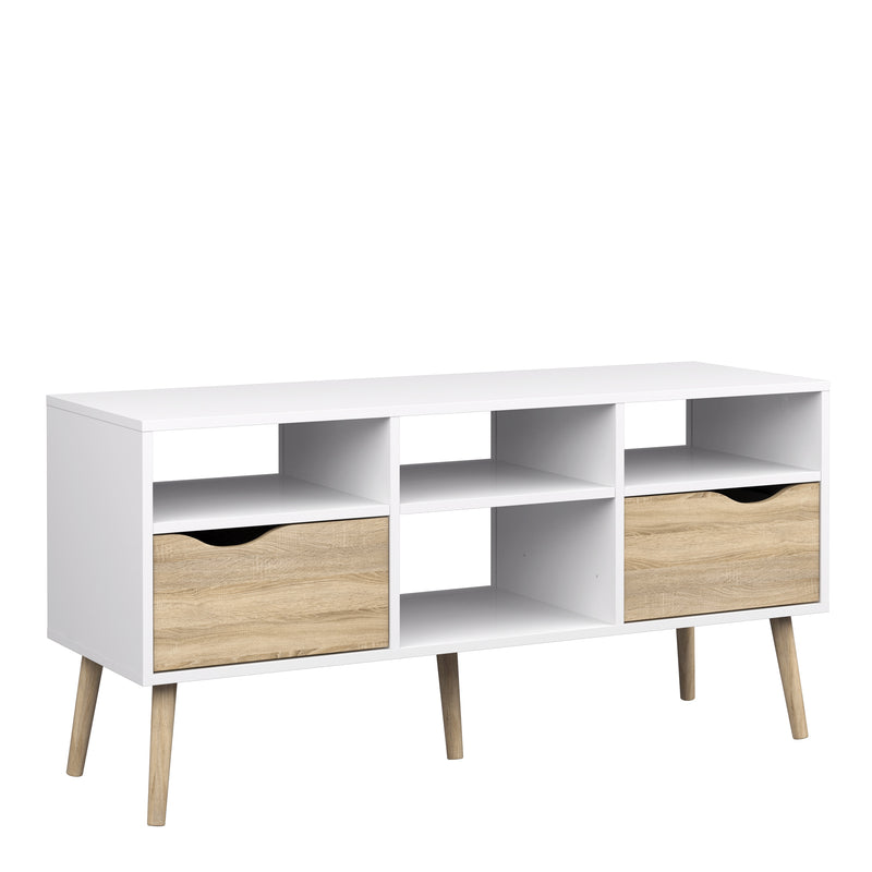 Oslo TV Unit Wide 2 Drawers 4 Shelves in White and Oak — front view