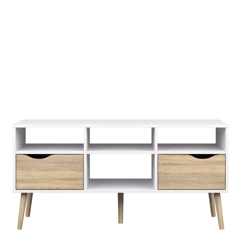 Oslo TV Unit Wide 2 Drawers 4 Shelves in White and Oak — side angle