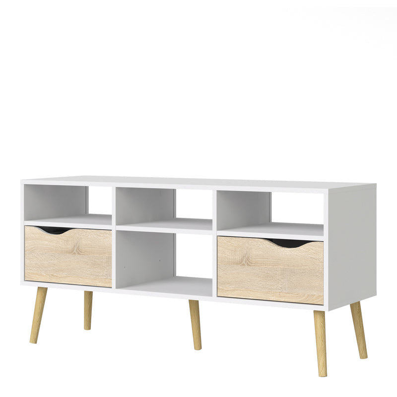 Oslo TV Unit Wide 2 Drawers 4 Shelves in White and Oak — detail view