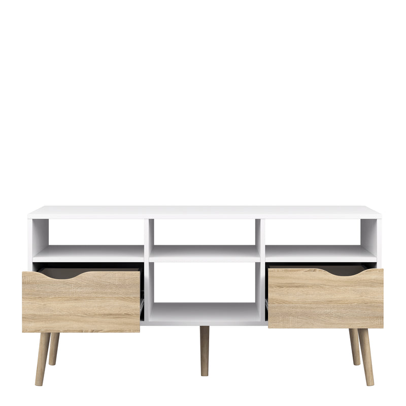 Oslo TV Unit Wide 2 Drawers 4 Shelves in White and Oak — alternative angle