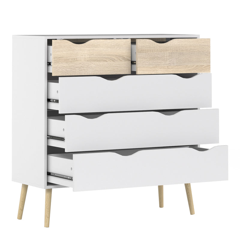 Oslo Chest of 5 Drawers in White and Oak — detail view