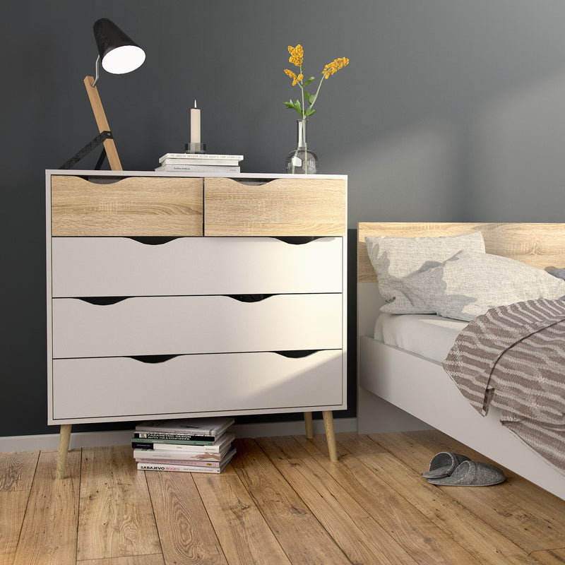 Oslo Chest of 5 Drawers in White and Oak — alternative angle