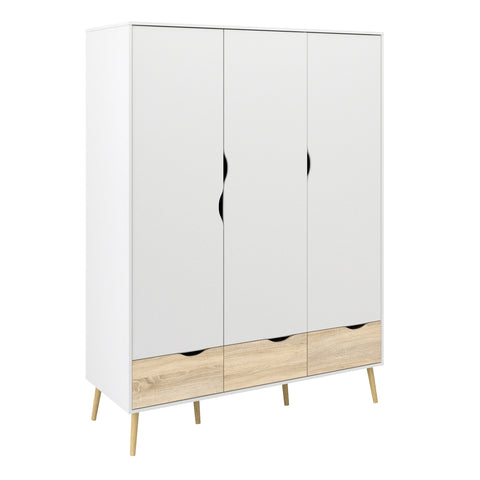 Oslo Wardrobe 3 Doors 3 Drawers in White and Oak — front view
