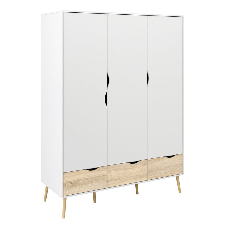Oslo Wardrobe 3 Doors 3 Drawers in White and Oak — front view