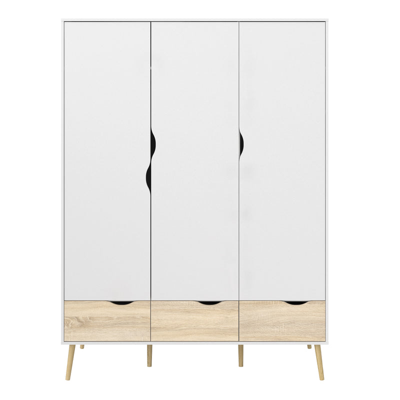 Oslo Wardrobe 3 Doors 3 Drawers in White and Oak — side angle