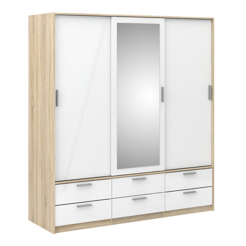 Line Wardrobe 3 Doors 6 Drawers in Oak with White High Gloss — front view
