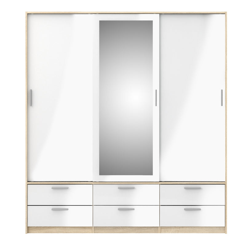 Line Wardrobe 3 Doors 6 Drawers in Oak with White High Gloss — side angle