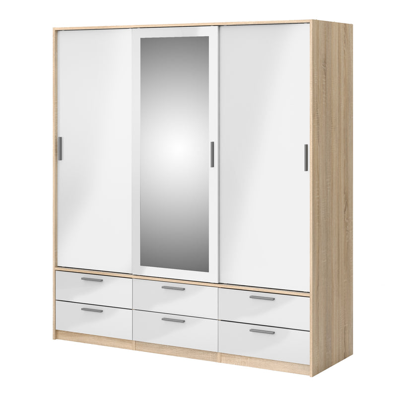 Line Wardrobe 3 Doors 6 Drawers in Oak with White High Gloss — detail view