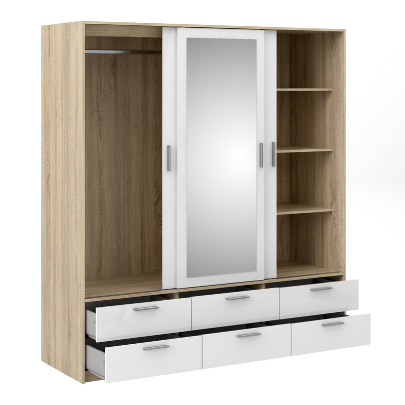 Line Wardrobe 3 Doors 6 Drawers in Oak with White High Gloss — alternative angle