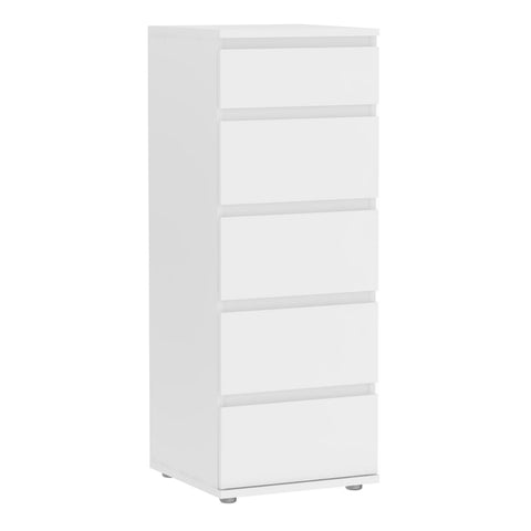Nova Narrow Chest of 5 Drawers in White — front view