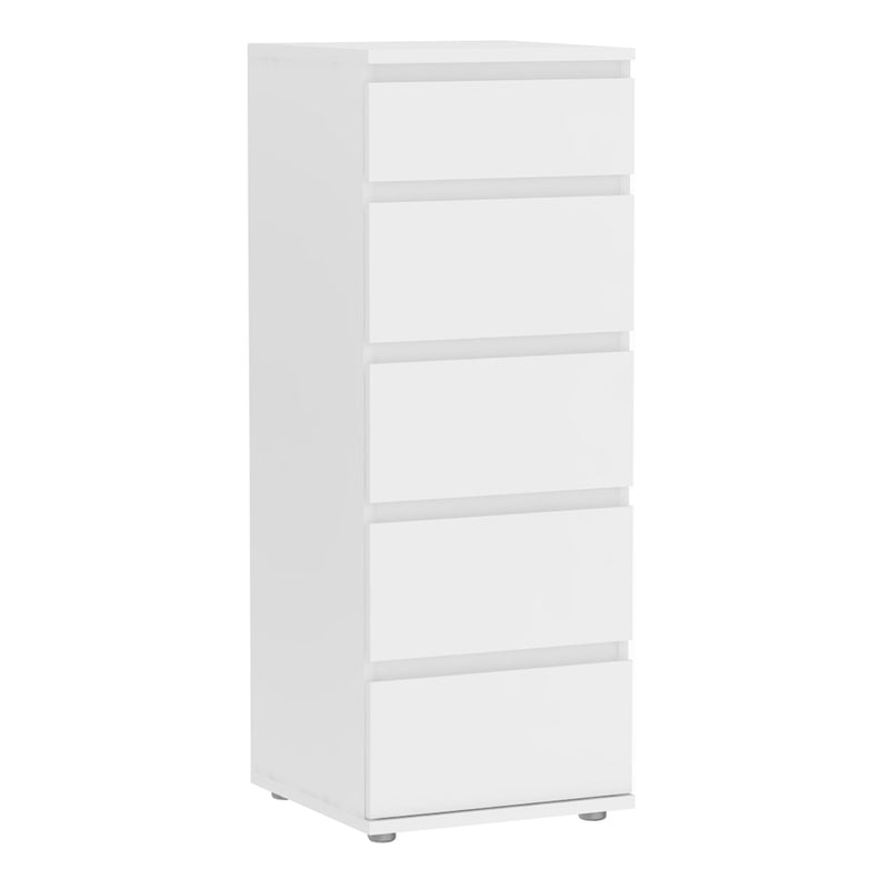 Nova Narrow Chest of 5 Drawers in White — front view