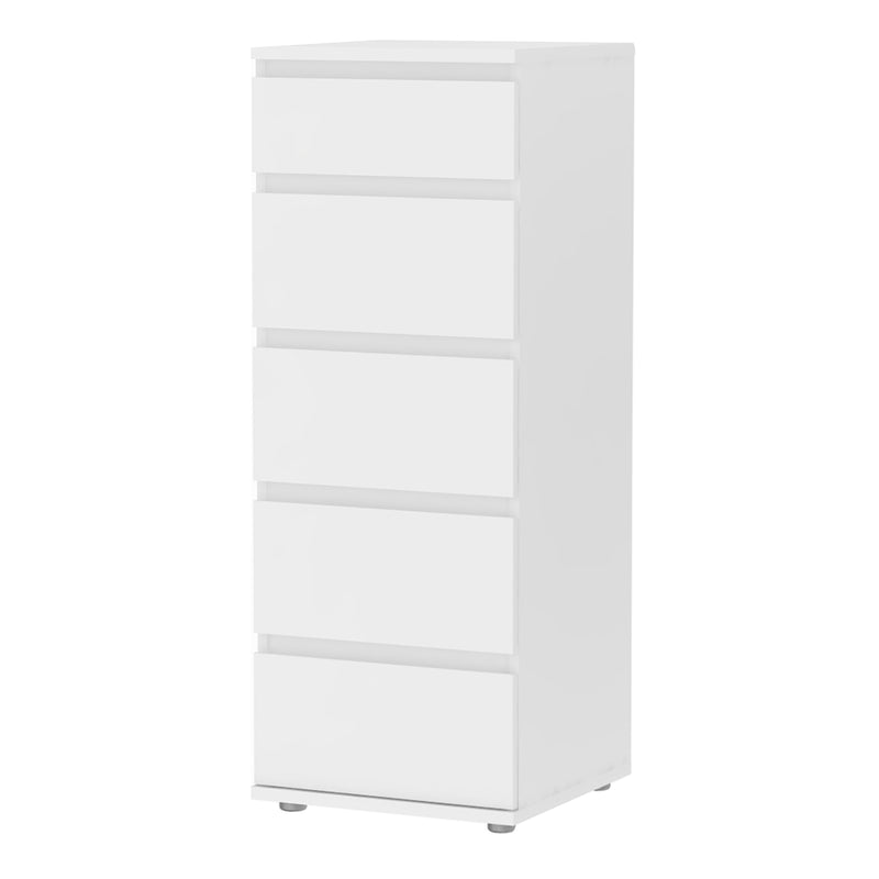Nova Narrow Chest of 5 Drawers in White — side angle