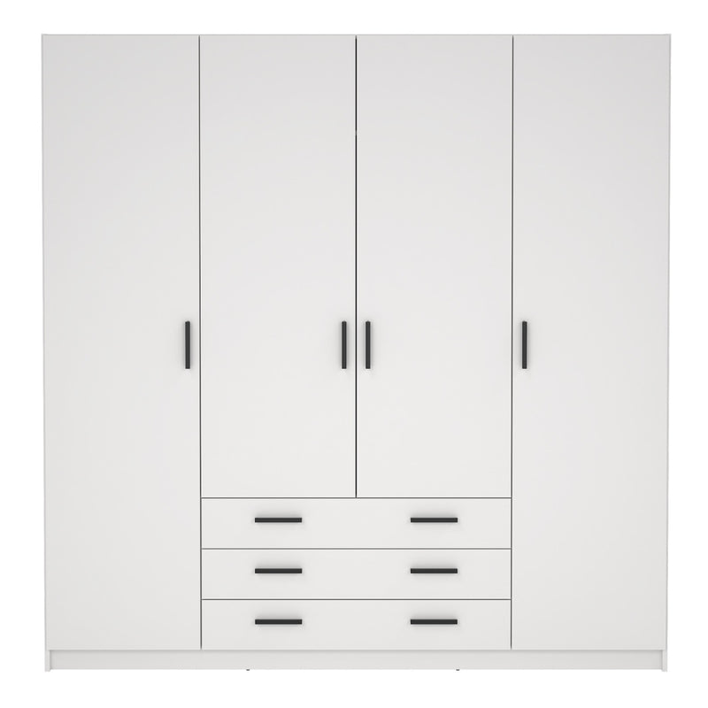 Sprint White Wardrobe with 4 Doors & 3 Drawers