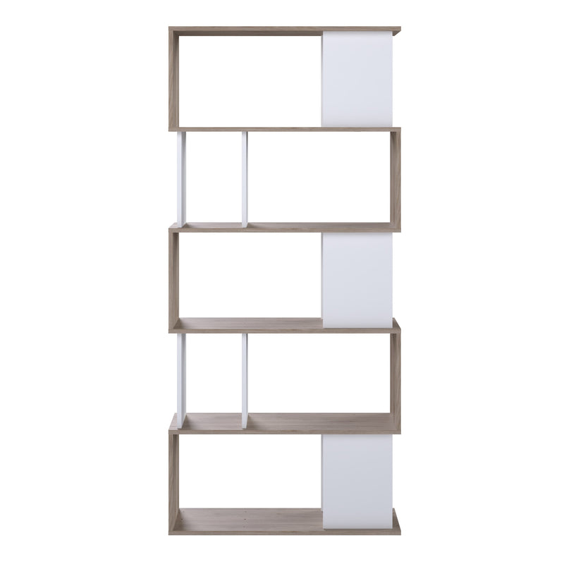 Maze Open Bookcase 4 Shelves in Jackson Hickory Oak and White — side angle