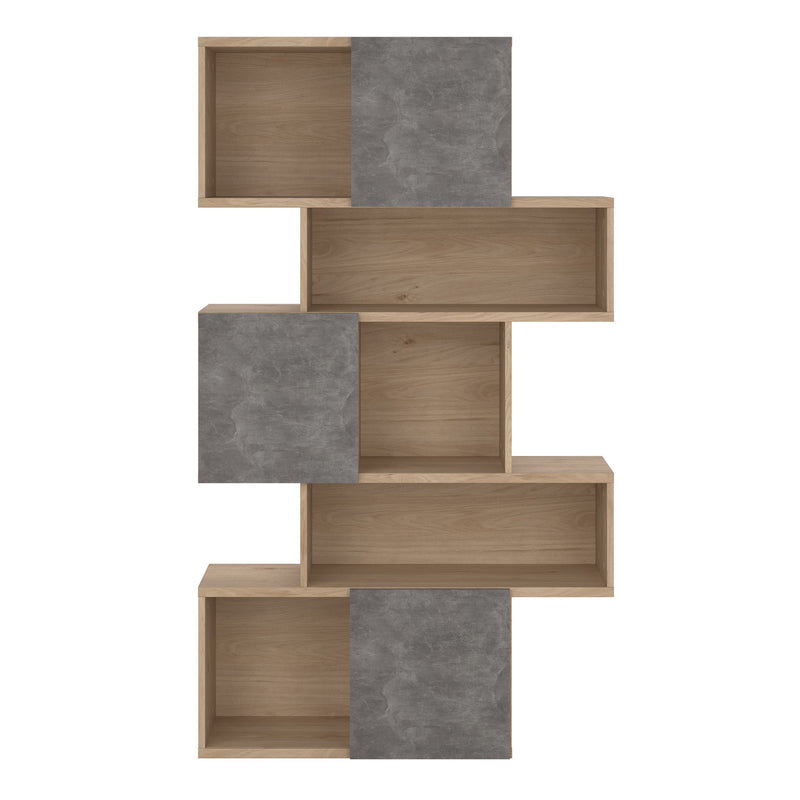 Maze Asymmetrical Bookcase with 3 Doors in Jackson Hickory and Concrete — side angle