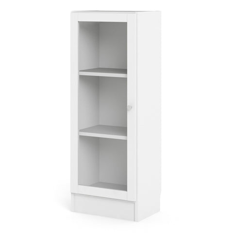 Basic Low Narrow Display Cabinet in White (2 Shelves) with Glass White Door — side angle