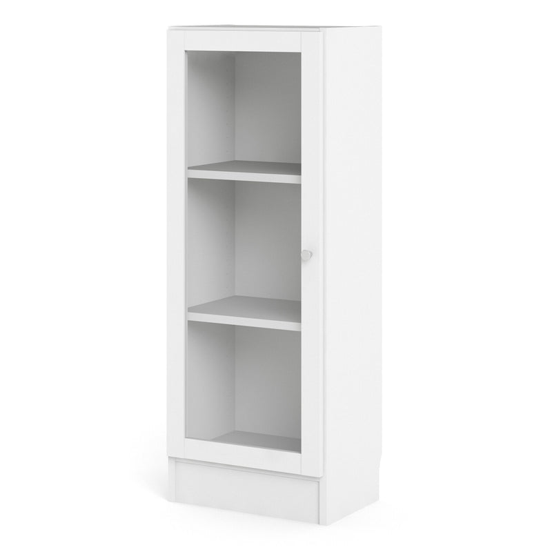 Basic Low Narrow Display Cabinet in White (2 Shelves) with Glass White Door — side angle