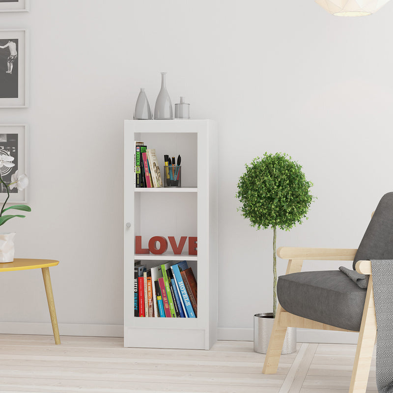 Basic Low Narrow Display Cabinet in White (2 Shelves) with Glass White Door — alternative angle