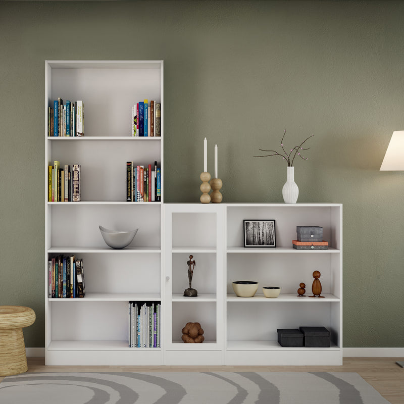 Basic Low Narrow Display Cabinet in White (2 Shelves) with Glass White Door — lifestyle setting