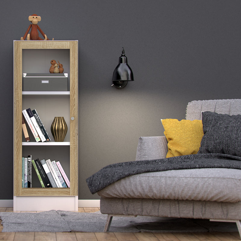 Basic Low Narrow Display Cabinet in White (2 Shelves) with Glass Oak Door — alternative angle
