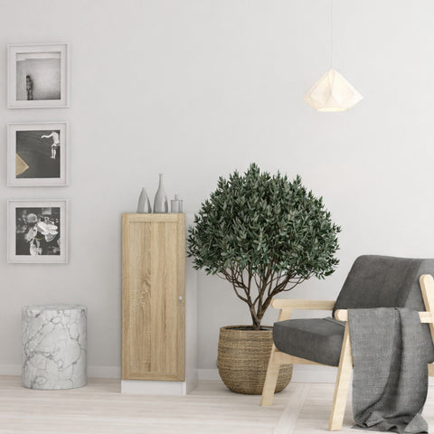 Basic Low Narrow Storage Cabinet in White (2 Shelves) with Oak Door — view 3l