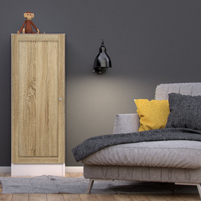 Basic Low Narrow Storage Cabinet in White (2 Shelves) with Oak Door — alternative angle