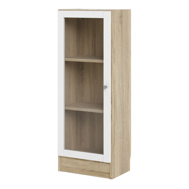 Basic Low Narrow Display Cabinet In Oak (2 Shelves) with Glass White Door — side angle