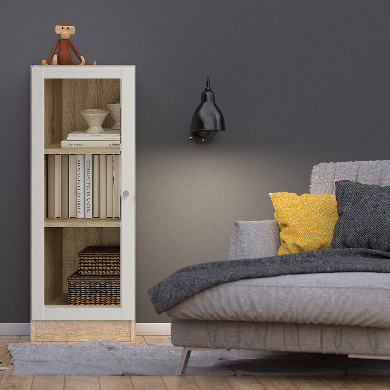 Basic Low Narrow Display Cabinet In Oak (2 Shelves) with Glass White Door — view 3l
