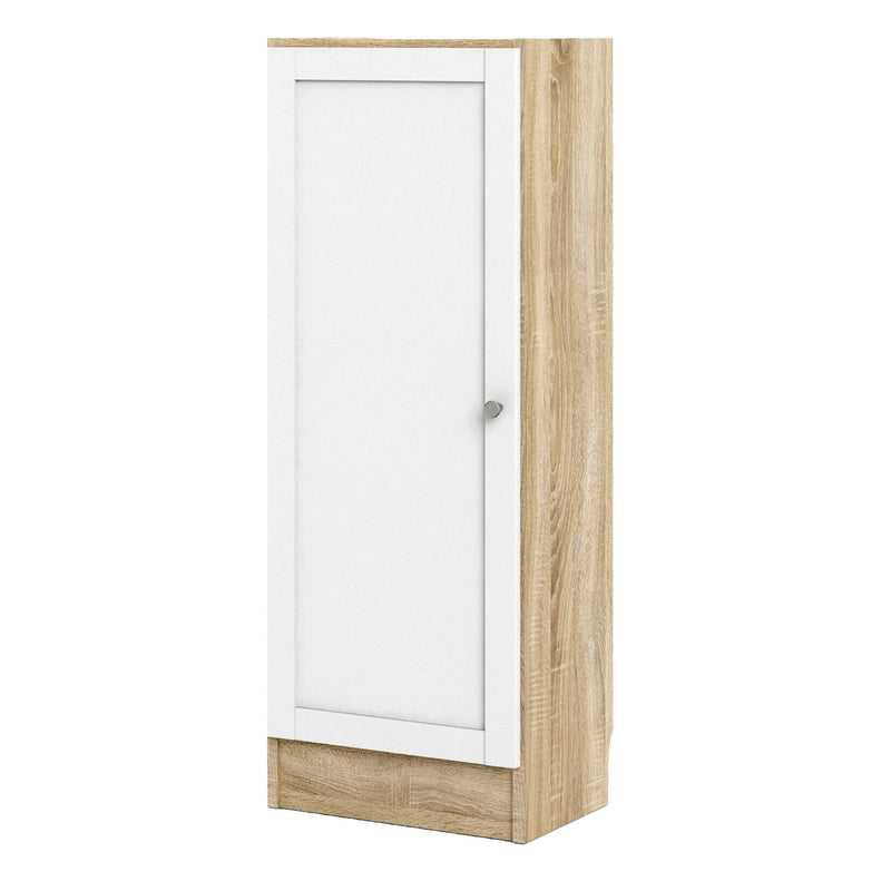 Basic Low Narrow Storage Cabinet in Oak (2 Shelves) with White Door — side angle
