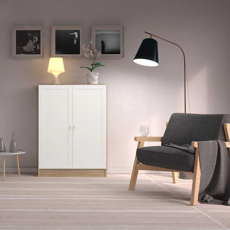 Basic Low Narrow Storage Cabinet in Oak (2 Shelves) with White Door — alternative angle