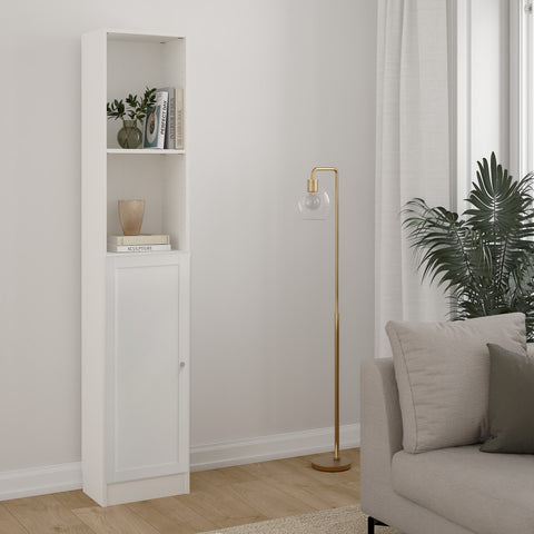 Basic Tall Narrow Combination Storage Bookcase in White (4 Shelves) with Glass White Door — view 3l