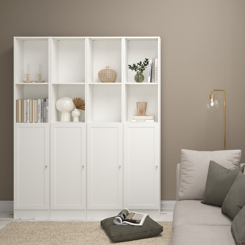 Basic Tall Narrow Combination Storage Bookcase in White (4 Shelves) with Glass White Door — alternative angle