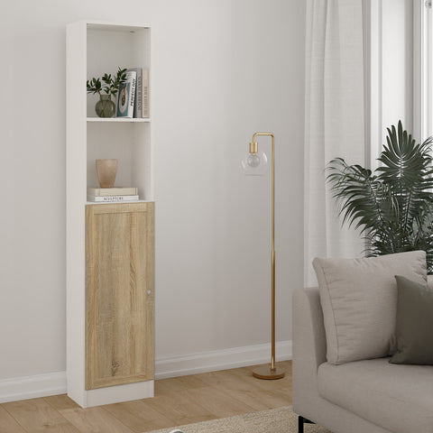 Basic Tall Narrow Combination Storage Bookcase in White (4 Shelves) with Glass Oak Door — view 3l