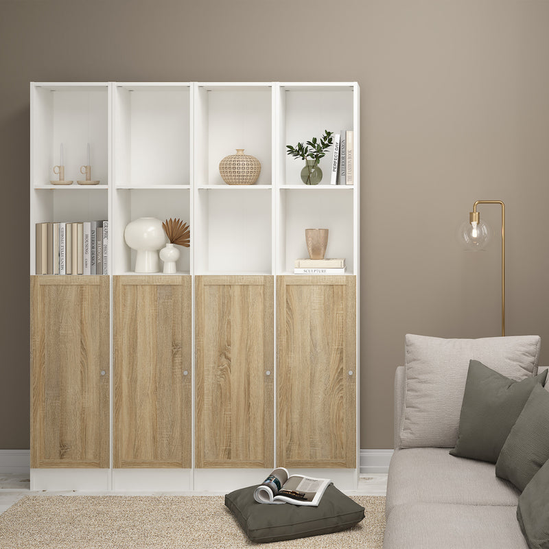 Basic Tall Narrow Combination Storage Bookcase in White (4 Shelves) with Glass Oak Door — alternative angle