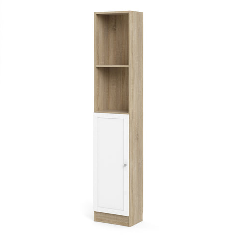 Basic Tall Narrow Combination Storage Bookcase in Oak (4 Shelves) with White Door — side angle