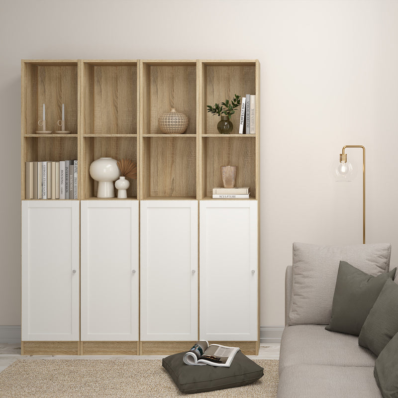 Basic Tall Narrow Combination Storage Bookcase in Oak (4 Shelves) with White Door — alternative angle
