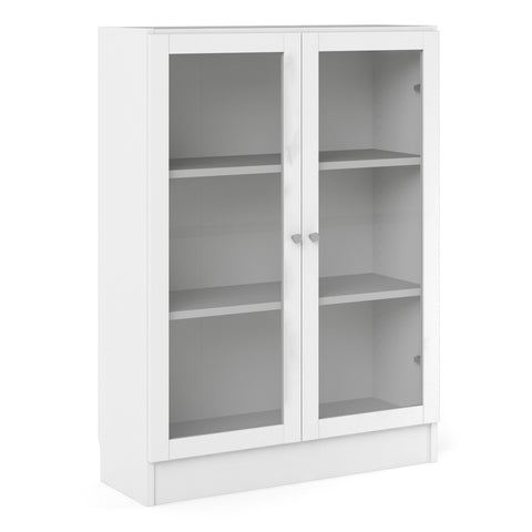 Basic Low Wide Display Cabinet in White (2 Shelves) with 2 Glass Doors in White — front view