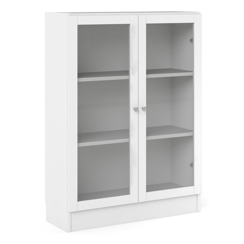 Basic Low Wide Display Cabinet in White (2 Shelves) with 2 Glass Doors in White — front view