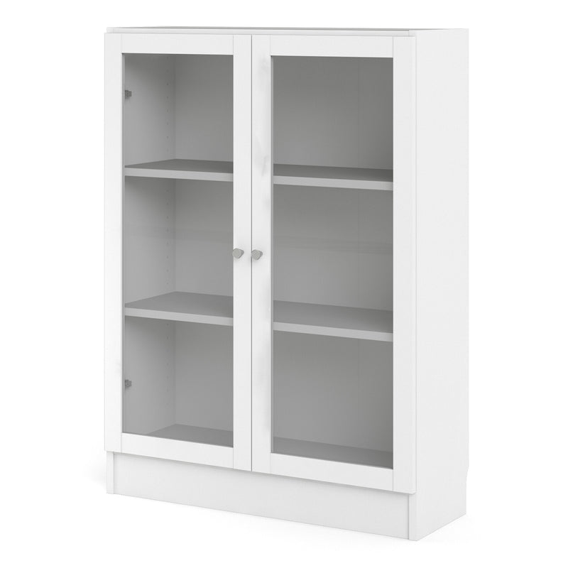 Basic Low Wide Display Cabinet in White (2 Shelves) with 2 Glass Doors in White — side angle