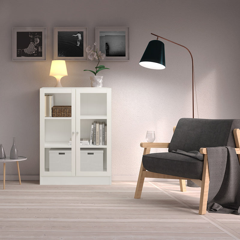 Basic Low Wide Display Cabinet in White (2 Shelves) with 2 Glass Doors in White — detail view