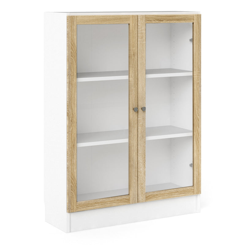 Basic Low Wide Display Cabinet in White (2 Shelves) with 2 Glass Doors in Oak — front view