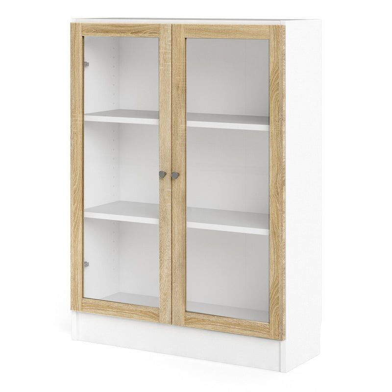 Basic Low Wide Display Cabinet in White (2 Shelves) with 2 Glass Doors in Oak — side angle