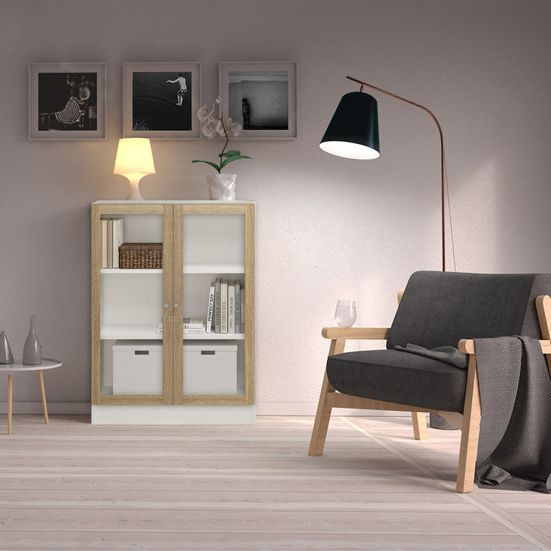 Basic Low Wide Display Cabinet in White (2 Shelves) with 2 Glass Doors in Oak — view 3l