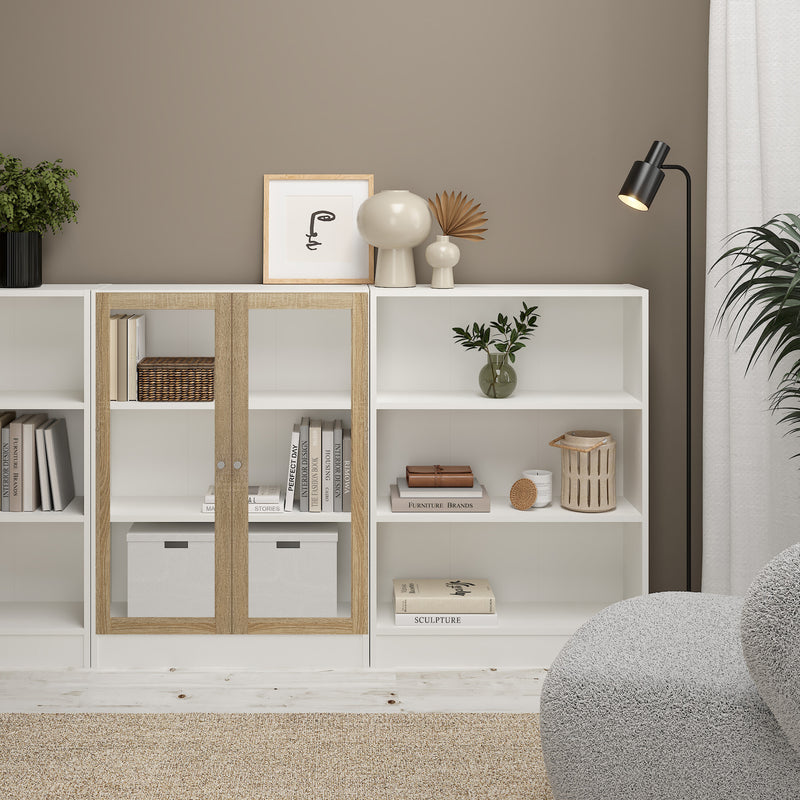 Basic Low Wide Display Cabinet in White (2 Shelves) with 2 Glass Doors in Oak — alternative angle