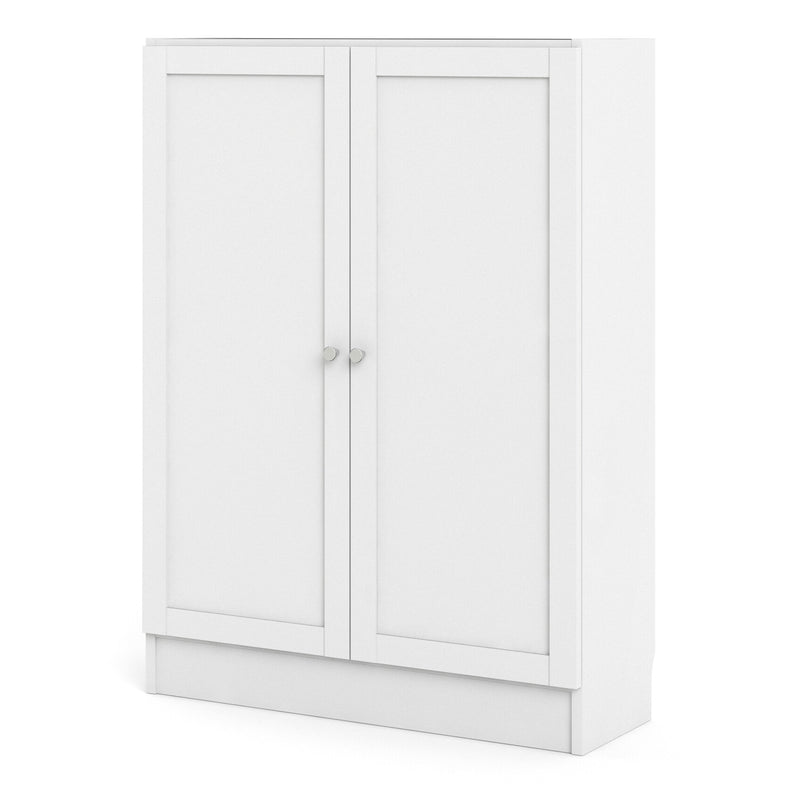 Basic Low Wide Storage Cabinet in White (2 Shelves) with 2 White Doors — side angle