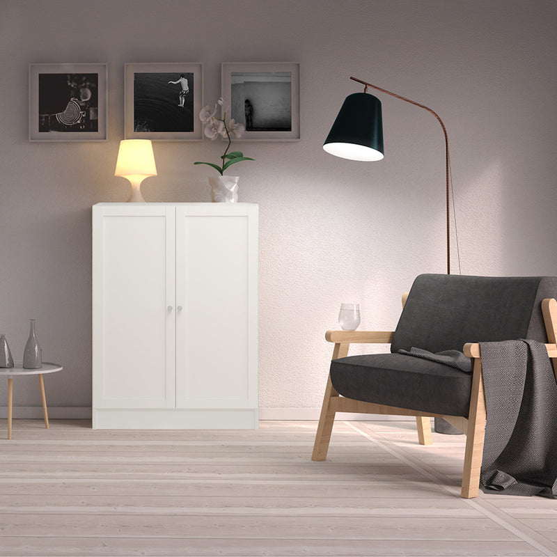 Basic Low Wide Storage Cabinet in White (2 Shelves) with 2 White Doors — view 3l